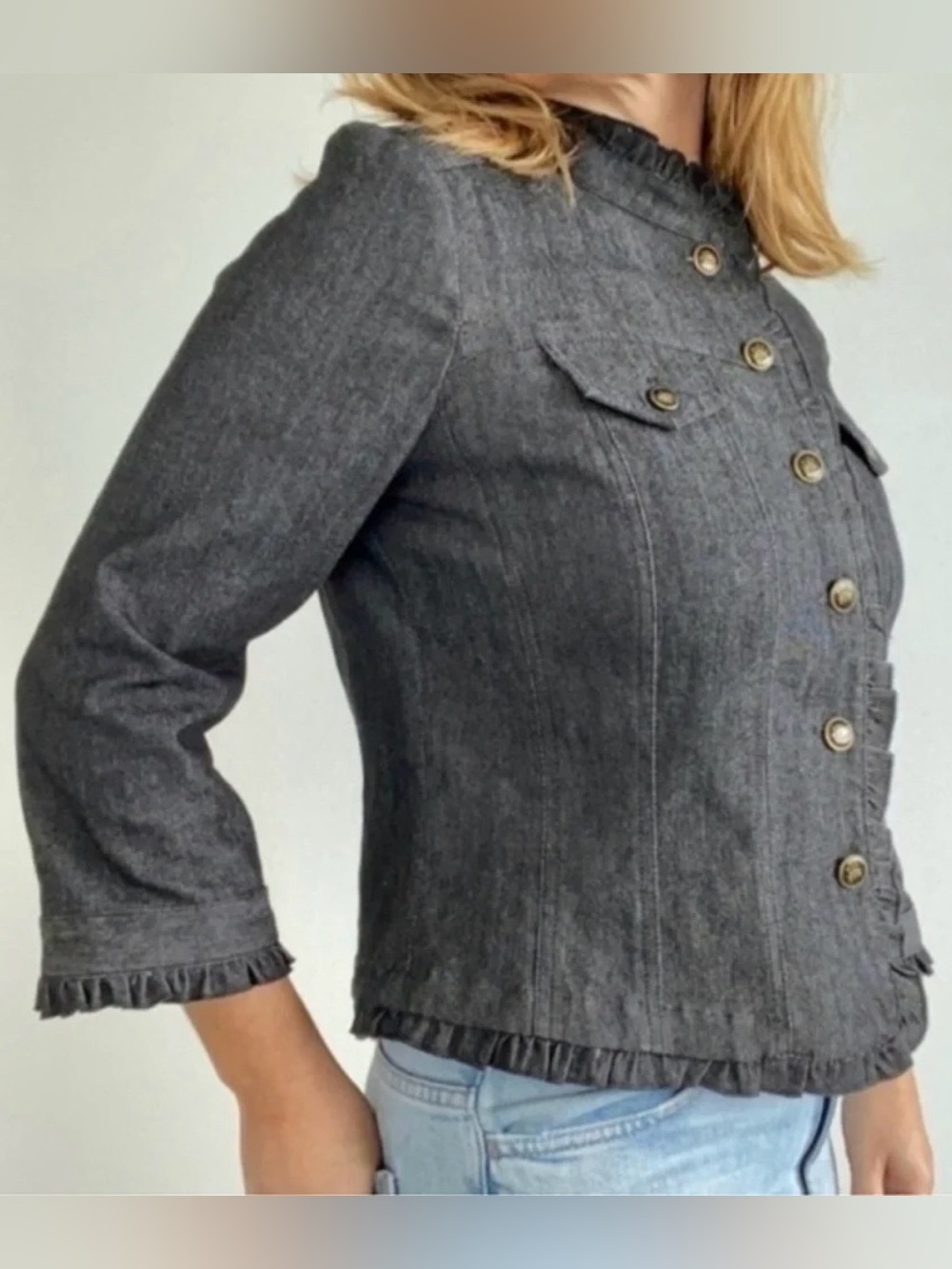 Sandro Charcoal Gray Denim Ruffle-Trim Button Jacket, PS